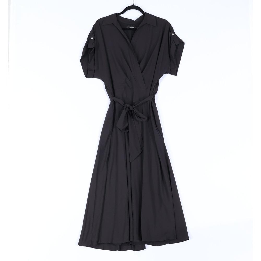 Lauren Ralph Lauren Wrap Dress Womens 12 Black Short Sleeve Classic LBD $165 NWT